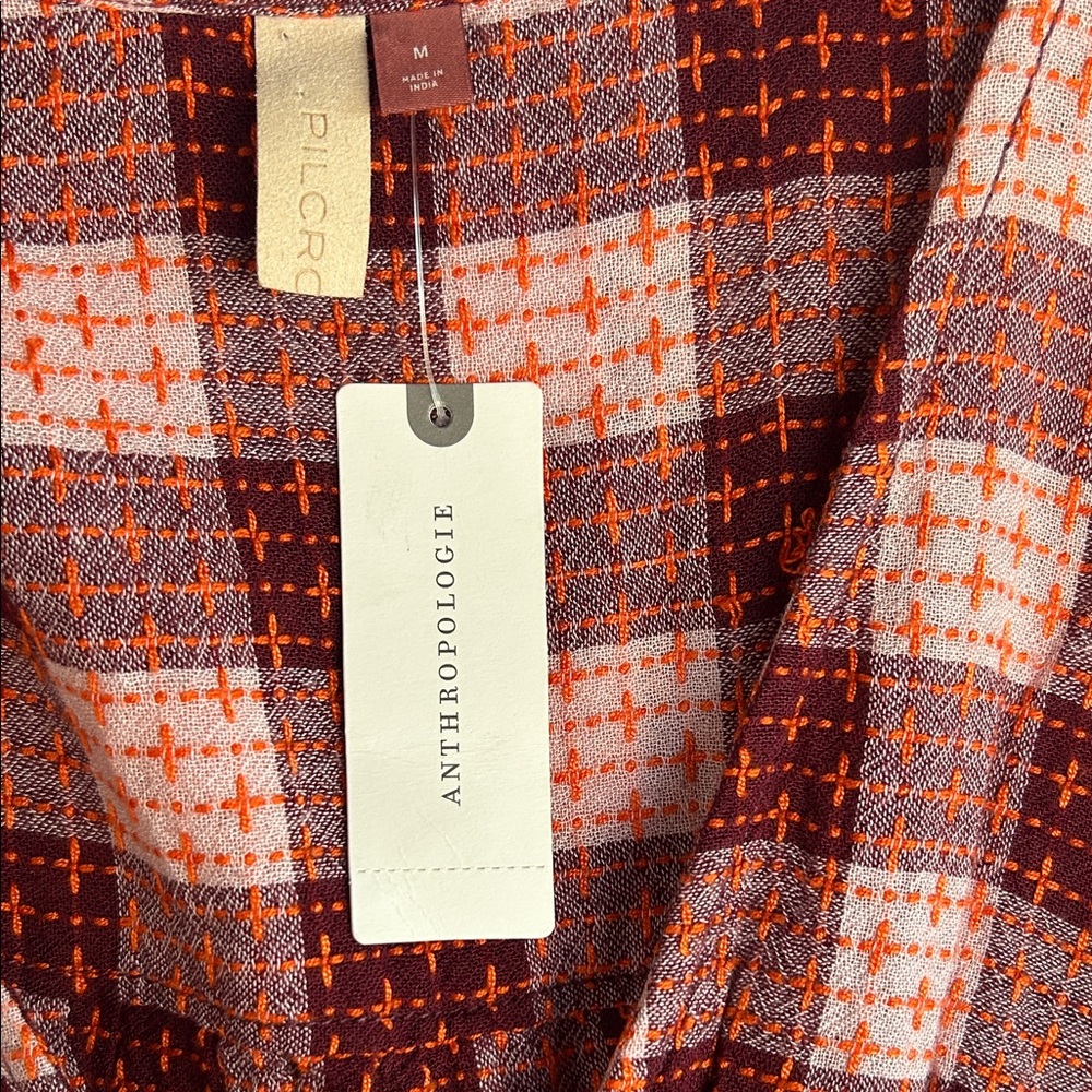 Anthropologie Burgundy and Cream Plaid Blouse - Picture 3 of 8